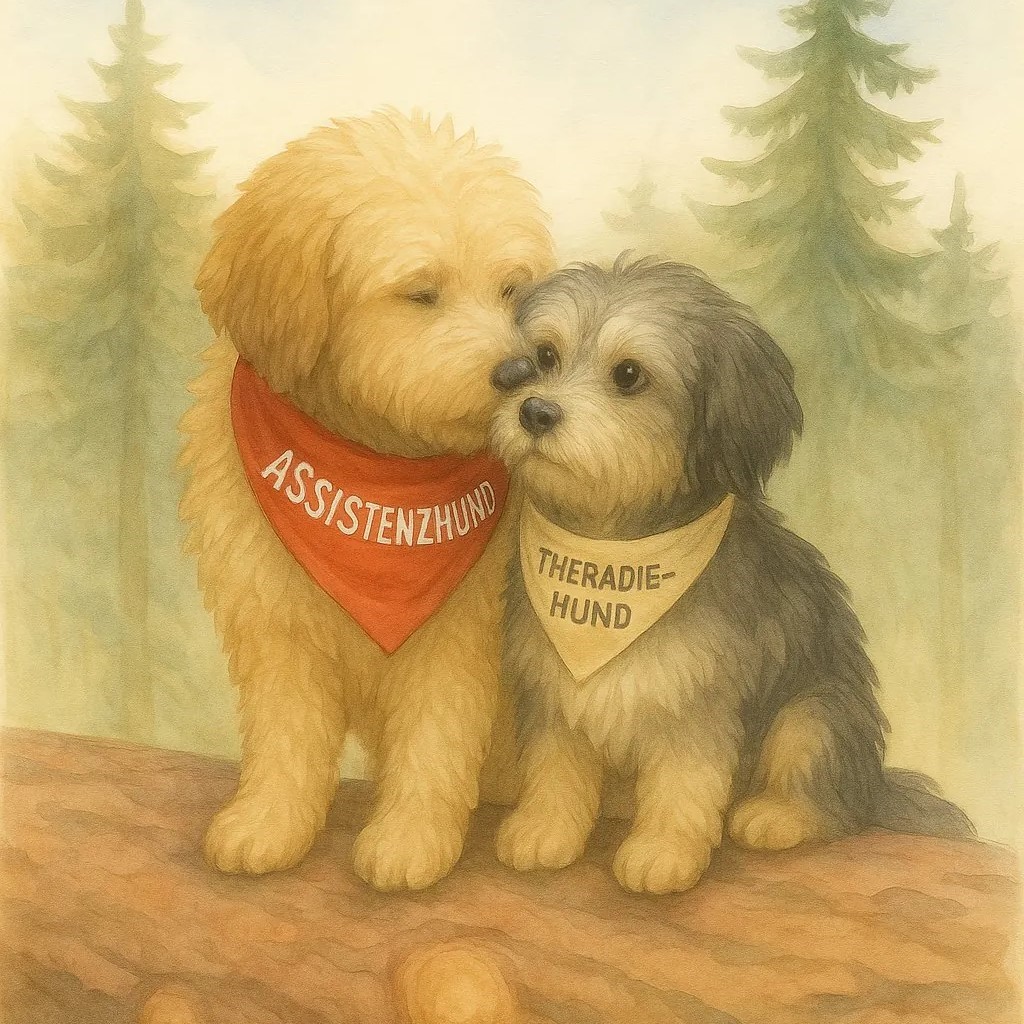 Assistenzhund mit Halstuch im Wald – aufmerksam und ruhig